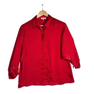 Koton Womens Red Button Up Blouse Textured Satin‎ Finish 3/4 Sleeve Top Size XL
